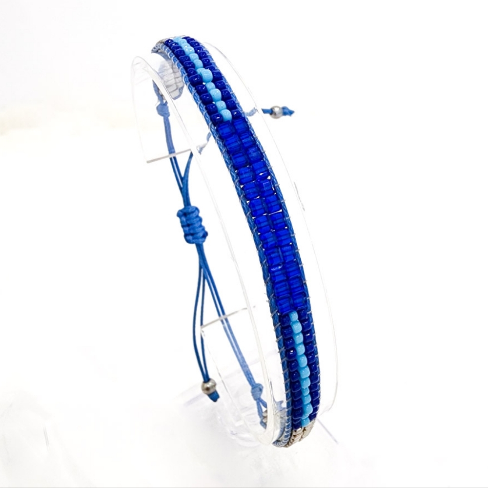 Boho dainty bracelet seed beads handmade adjustable length sky blue royal teal